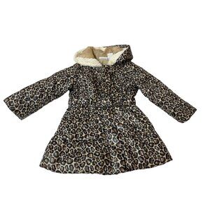 Babies Rus Toddler Girls Leopard Print Puffer Coat With Faux Fur Hood Sz 24M/2T